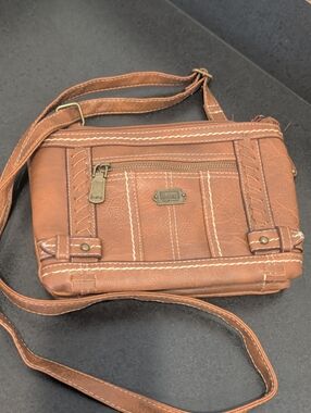 b.o.c. Tan Faux Leather Crossbody with Brass Logo Plate